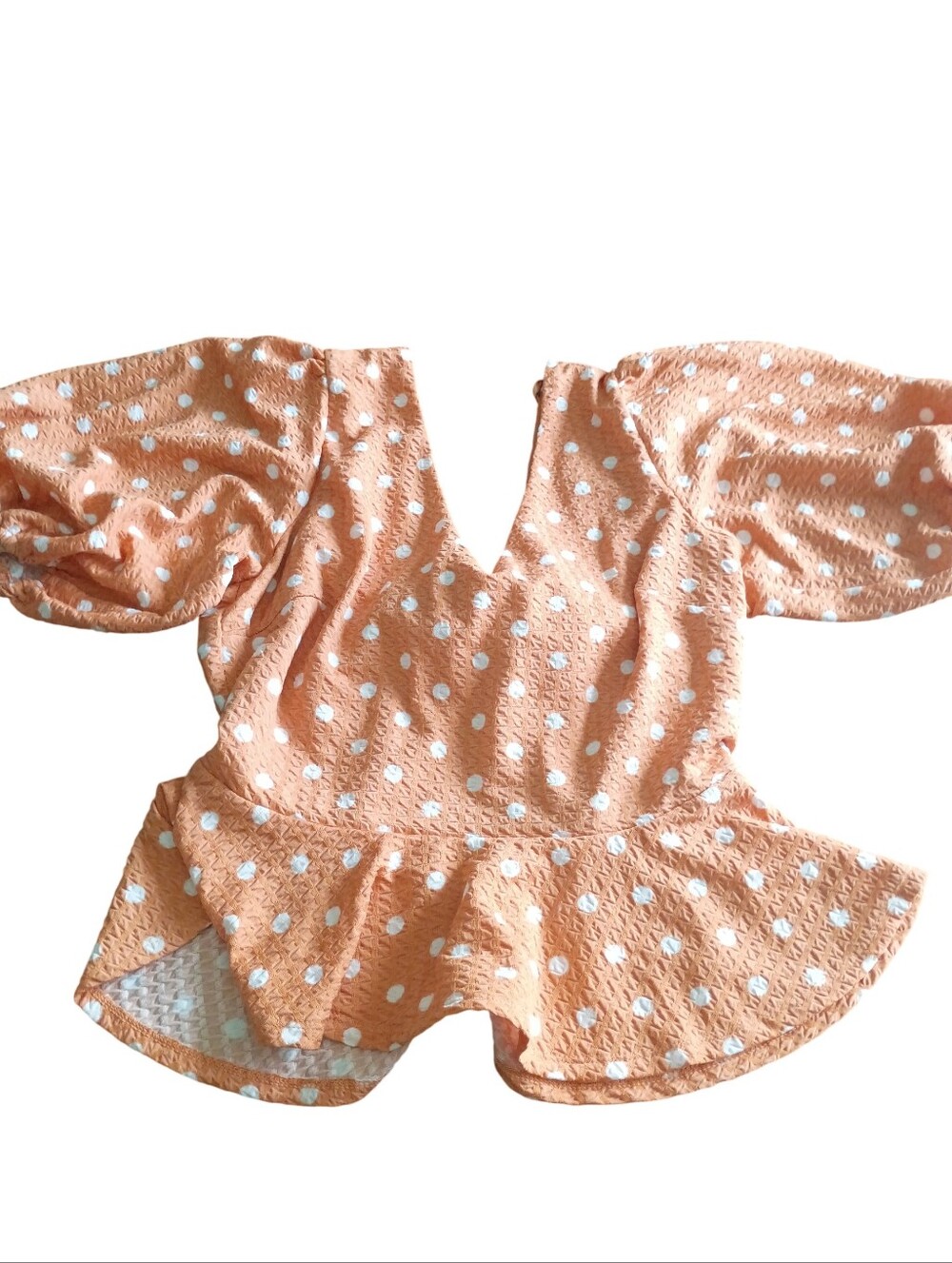 Meraki Womens Medium Peach Orange White Polka Dot Puff Sleeve Peplum Top